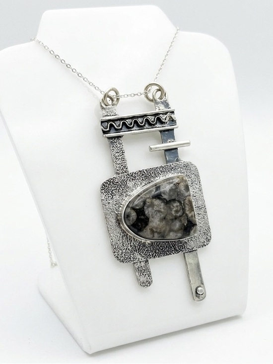 Artisan Jewelry - New 925 Sterling Silver Turritella Agate Coral Fossil Artisan Geometric Necklace